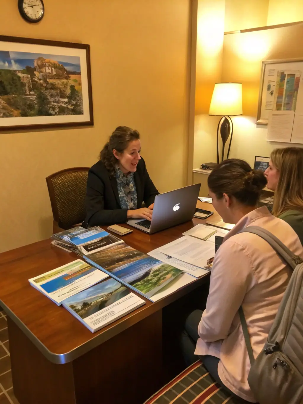 A travel agent assisting a customer with planning their trip on a computer, showcasing personalized service and attention to detail.