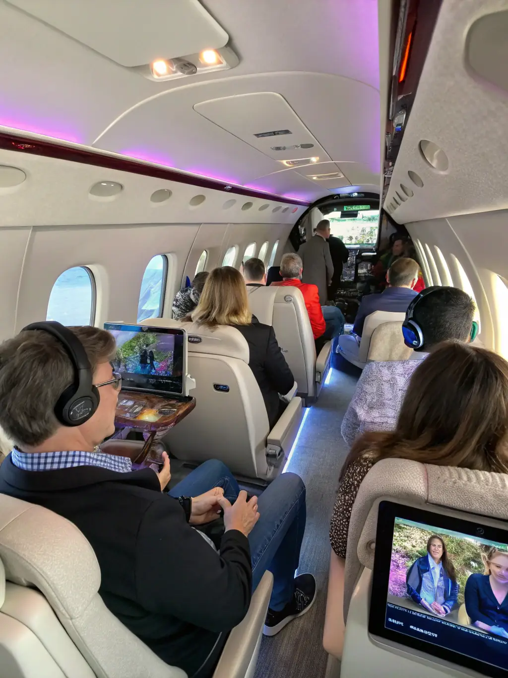 A brightly lit image of a modern airplane interior, focusing on comfortable seating and happy passengers, representing the comfort and ease of booking flights with Harrisco Travel Hub.