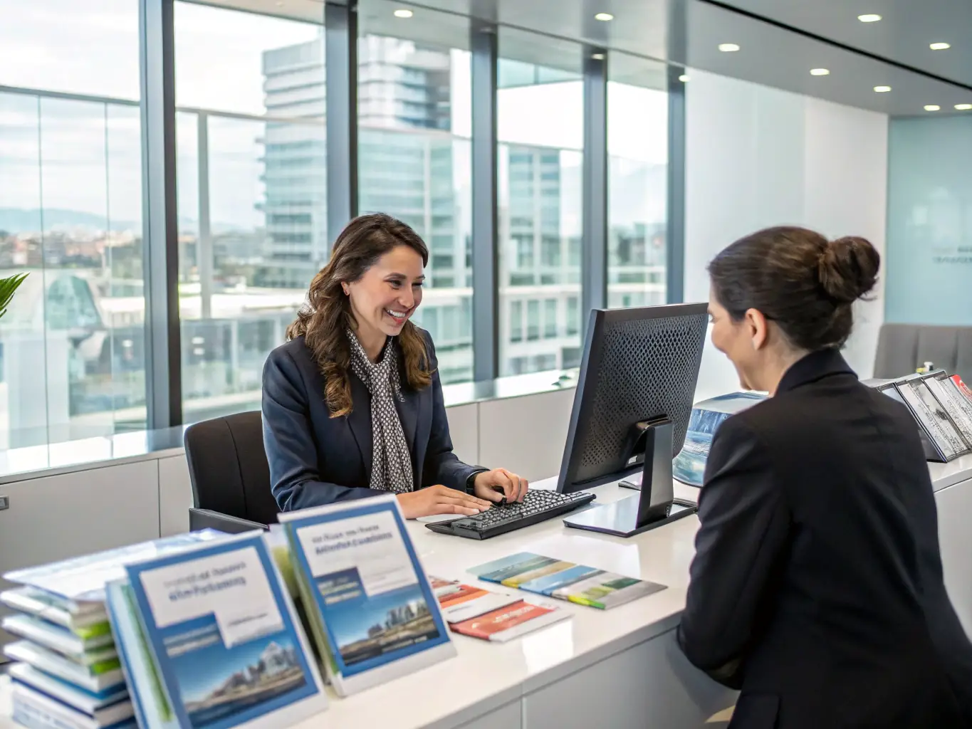 A friendly Harrisco Travel Hub agent assisting a customer with their flight booking, showcasing personalized service and a welcoming atmosphere.