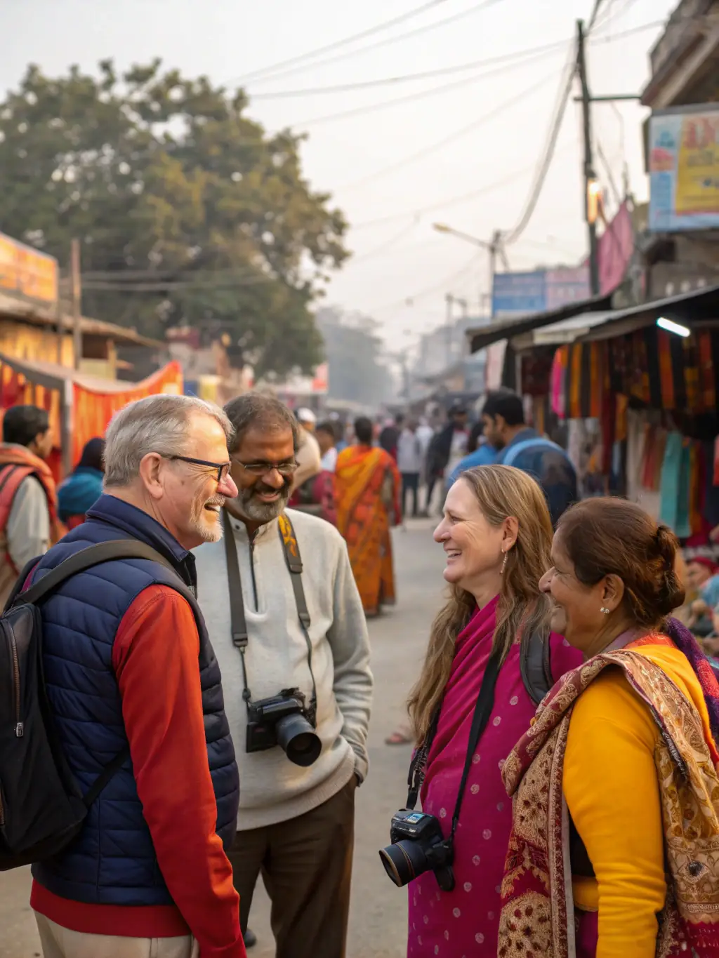 A diverse group of people happily exploring a vibrant market in Ghana, showcasing cultural immersion and the joy of travel.